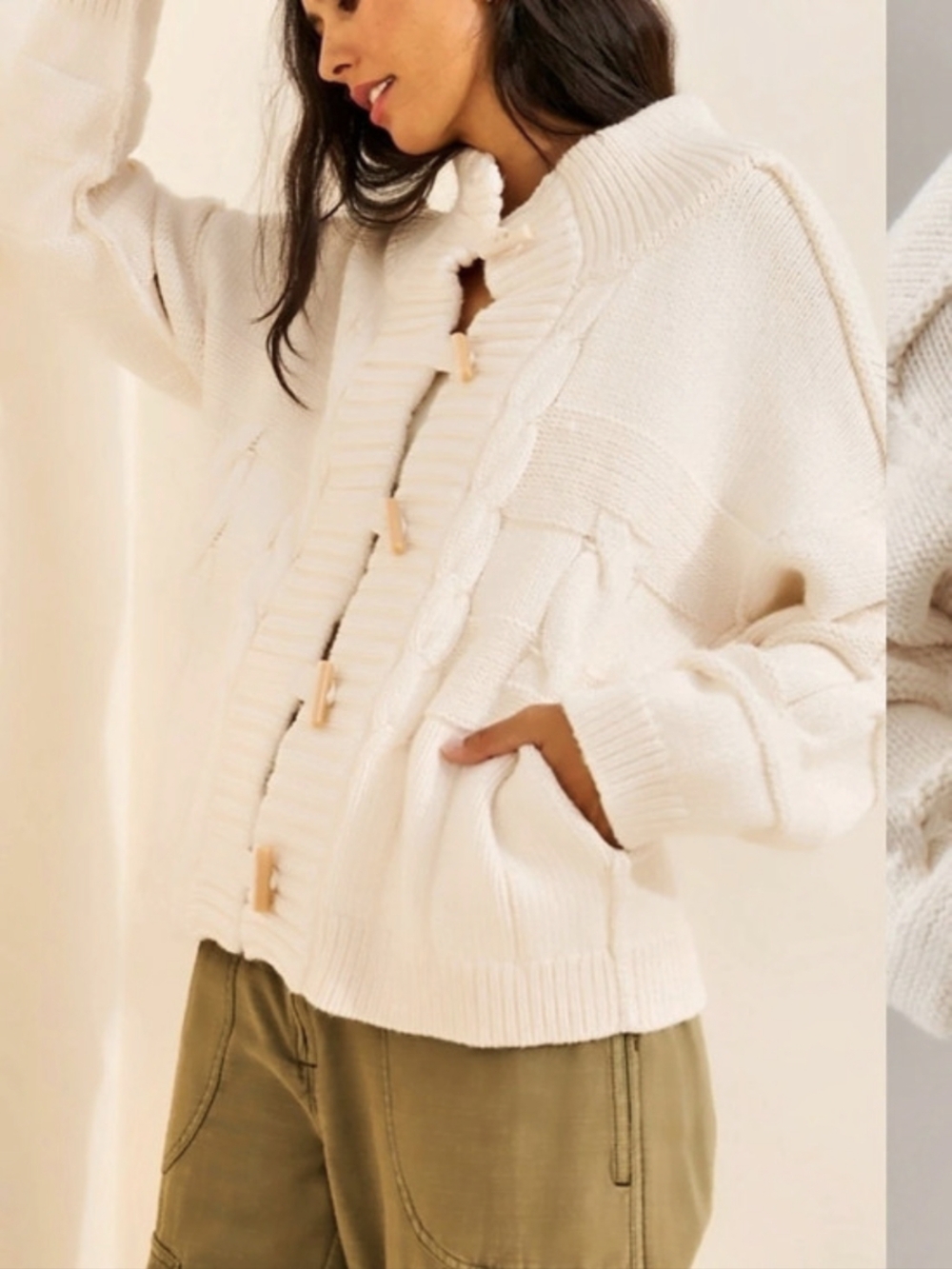 Anthropologie Pilcro Chunky Cable Knit Toggle Cardigan Sweater Cream Ivory M
